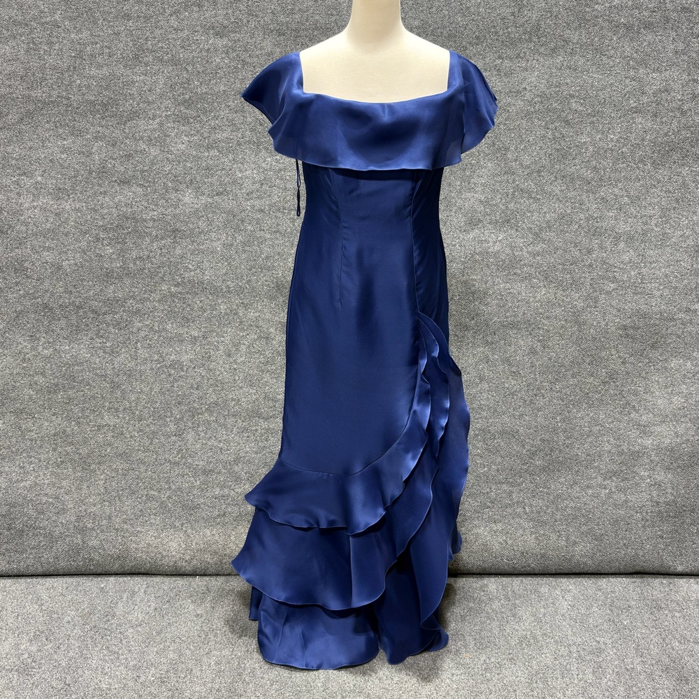 Mayda Cisneros Dress Womens S Blue Off Shoulder Ruffle Mermaid Satin Gown Formal